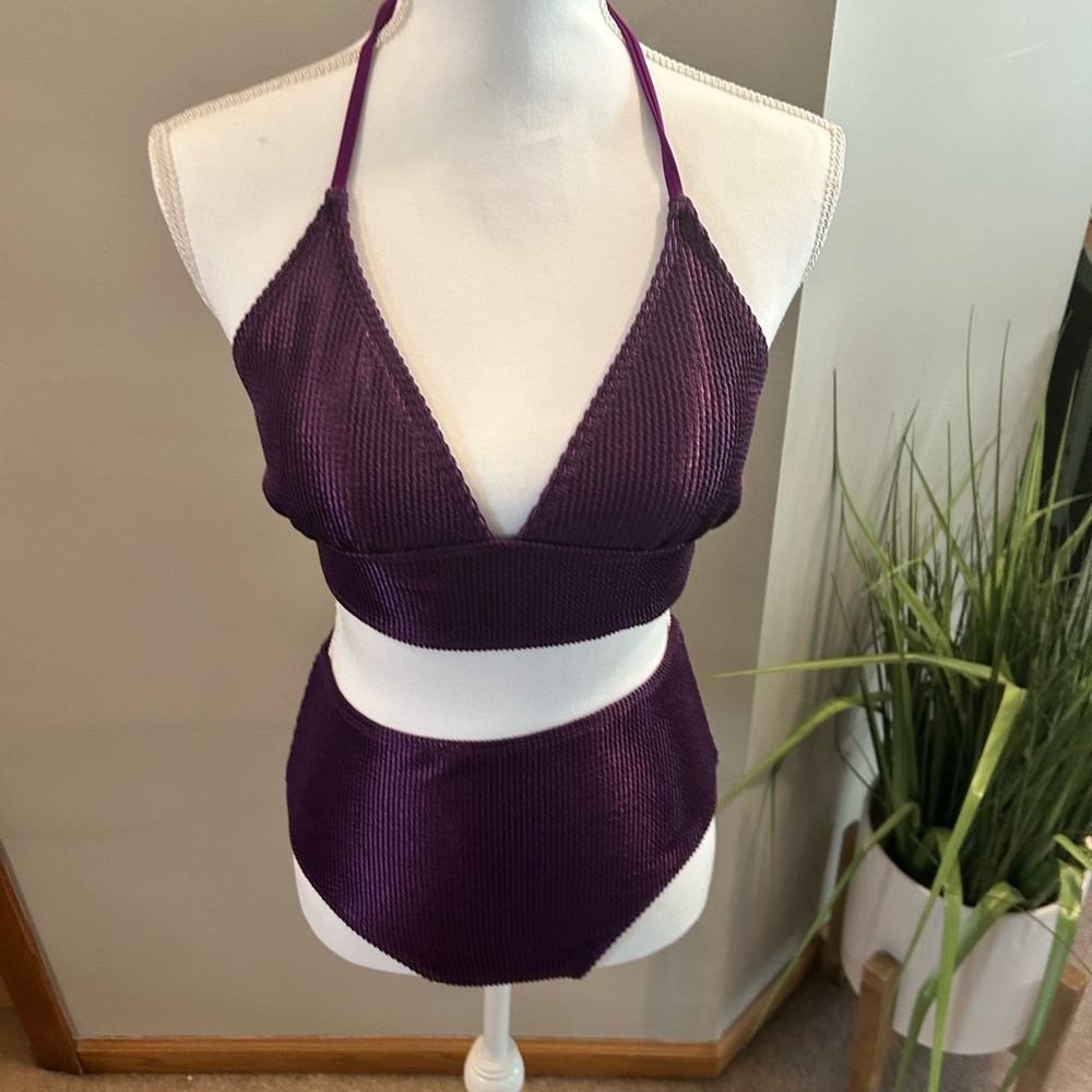 Shiny Purple Ribbed Halter Bikini Top and High Rise bottom M NWT - Picture 5 of 8